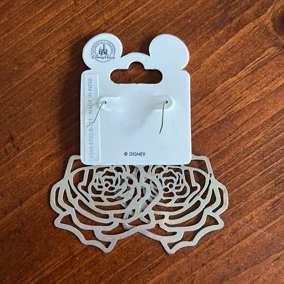 Disney Parks Silver Tone Rose Drop Earrings New on Card Beauty and the Beast - Picture 2 of 3